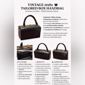 Authentic 1950’s Vintage Black Leather Box Handbag Tailored Purse